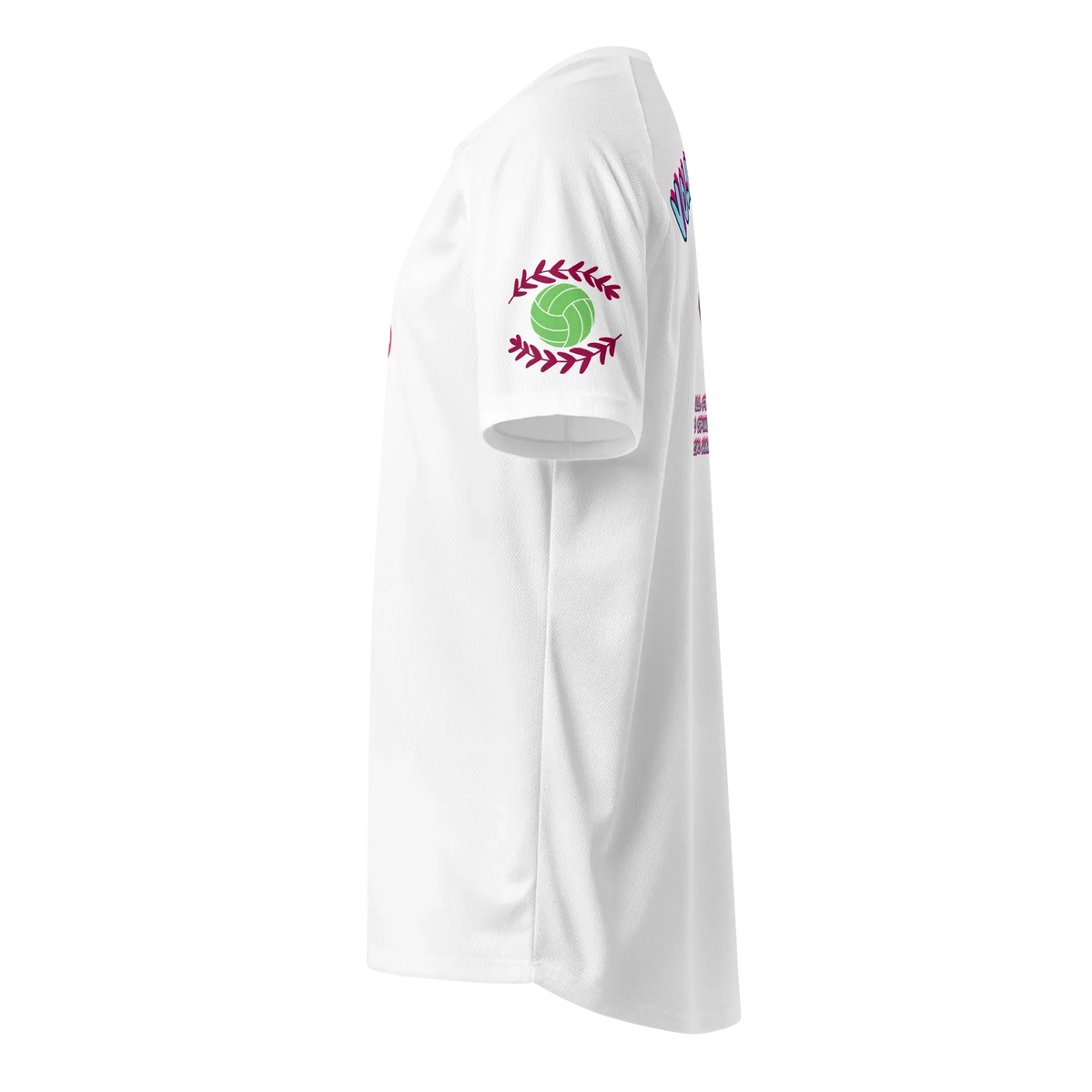 Unisex sports jersey, white side view with green-and-red laurel-ball emblem
