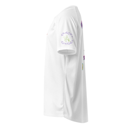 White unisex sports jersey side view with small sleeve graphics