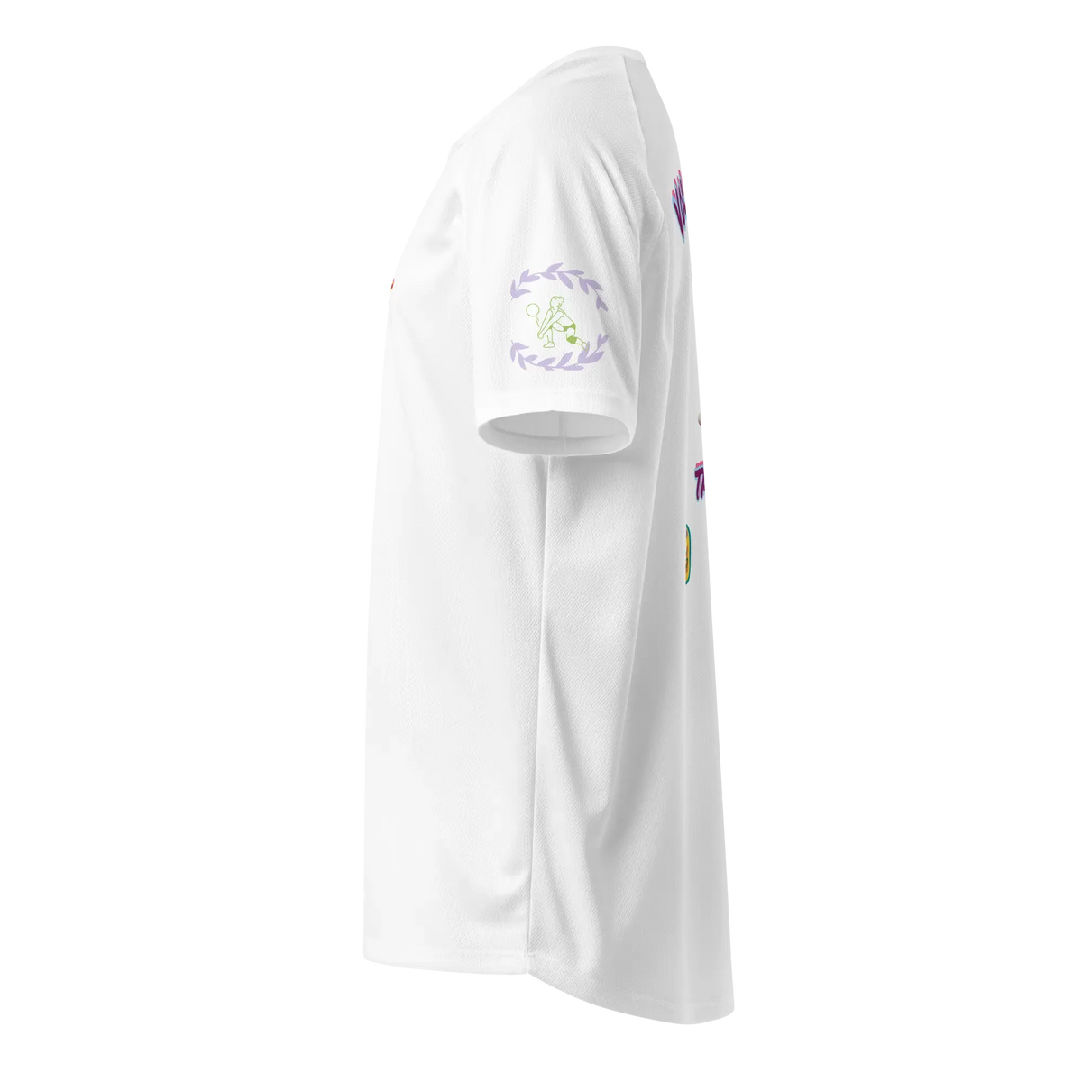 White unisex sports jersey side view with small sleeve graphics