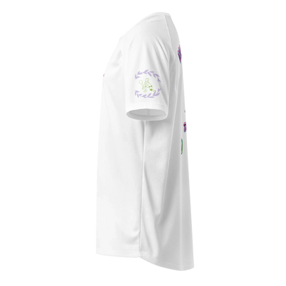 White unisex sports jersey side view with small sleeve graphics