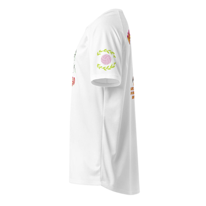 White unisex sports jersey side view with volleyball wreath emblem
