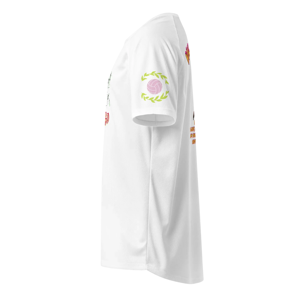 White unisex sports jersey side view with volleyball wreath emblem
