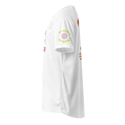 White unisex sports jersey side view with volleyball wreath emblem