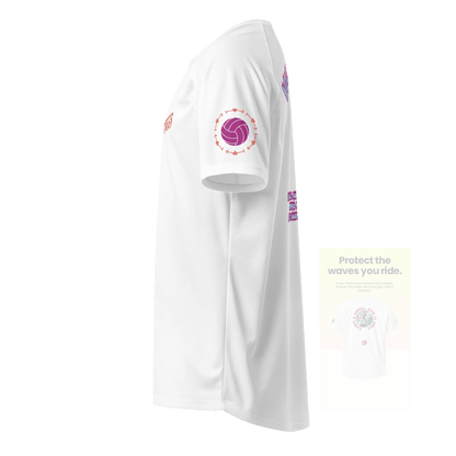 White unisex sports jersey, side view with volleyball emblem printed on sleeve