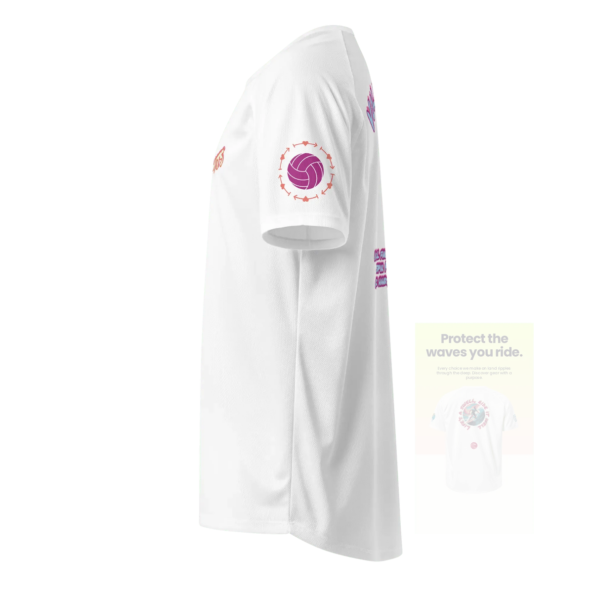 White unisex sports jersey, side view with volleyball emblem printed on sleeve