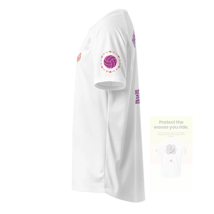 White unisex sports jersey, side view with volleyball emblem printed on sleeve