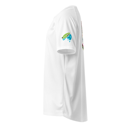 White sports jersey side view with blue-and-green fish logo on sleeve