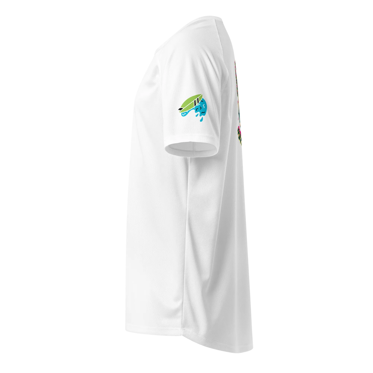 White sports jersey side view with blue-and-green fish logo on sleeve