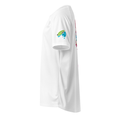 White sports jersey sleeve with blue-and-green surf graphic patch