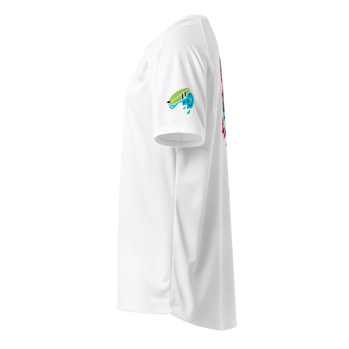 White sports jersey sleeve with blue-and-green surf graphic patch