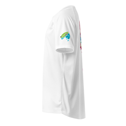 White sports jersey sleeve with blue-and-green surf graphic patch