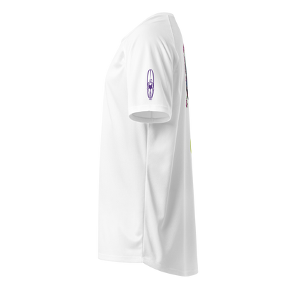 White unisex sports jersey, side view with small surfboard-style icon