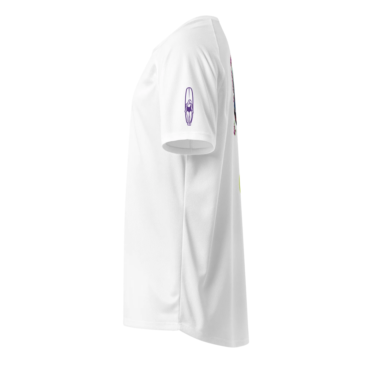 White unisex sports jersey, side view with small surfboard-style icon