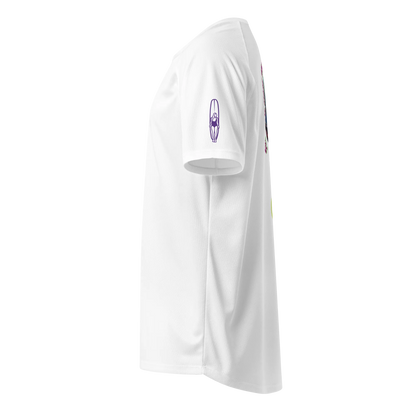 White unisex sports jersey, side view with small surfboard-style icon
