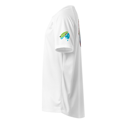 Weißes Sporttrikot mit Surf-Logo auf dem linken Ärmel, seitliche Ansicht