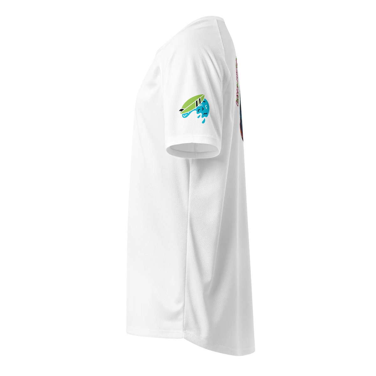 Weißes Sporttrikot mit Surf-Logo auf dem linken Ärmel, seitliche Ansicht