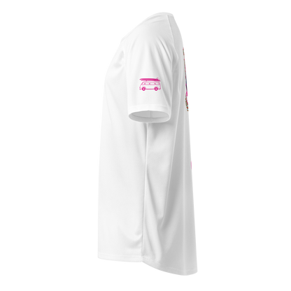 White sports jersey side view with small pink bus graphic on sleeve