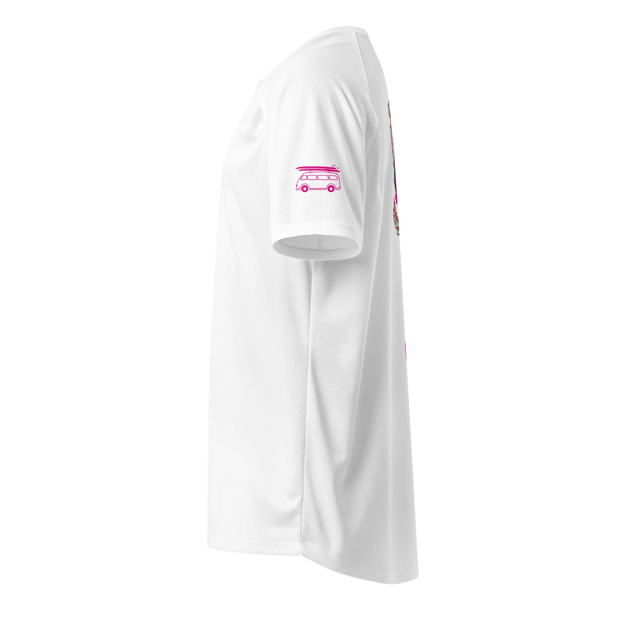 White sports jersey side view with small pink bus graphic on sleeve