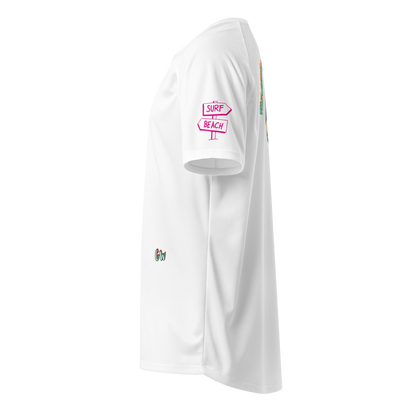 White unisex sports jersey side, SURF BEACH patch on sleeve
