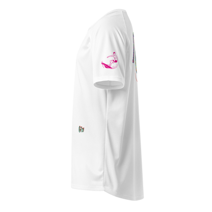 White sports jersey side view with surfer icon on sleeve and small 'Gw' mark