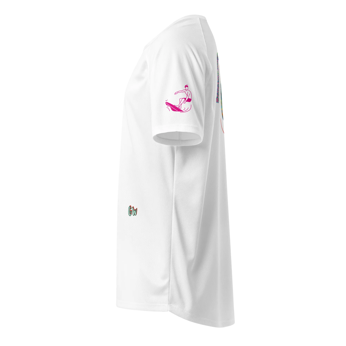 White sports jersey side view with surfer icon on sleeve and small 'Gw' mark