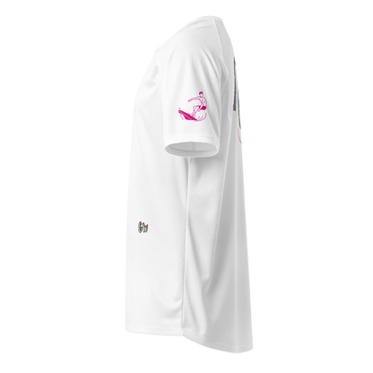 White sports jersey side view with surfer icon on sleeve and small 'Gw' mark