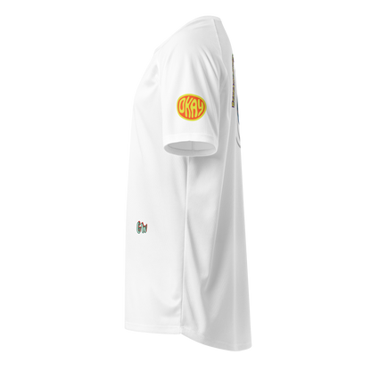 White sports jersey side view with red surf emblem on chest and small “Gw” logo
