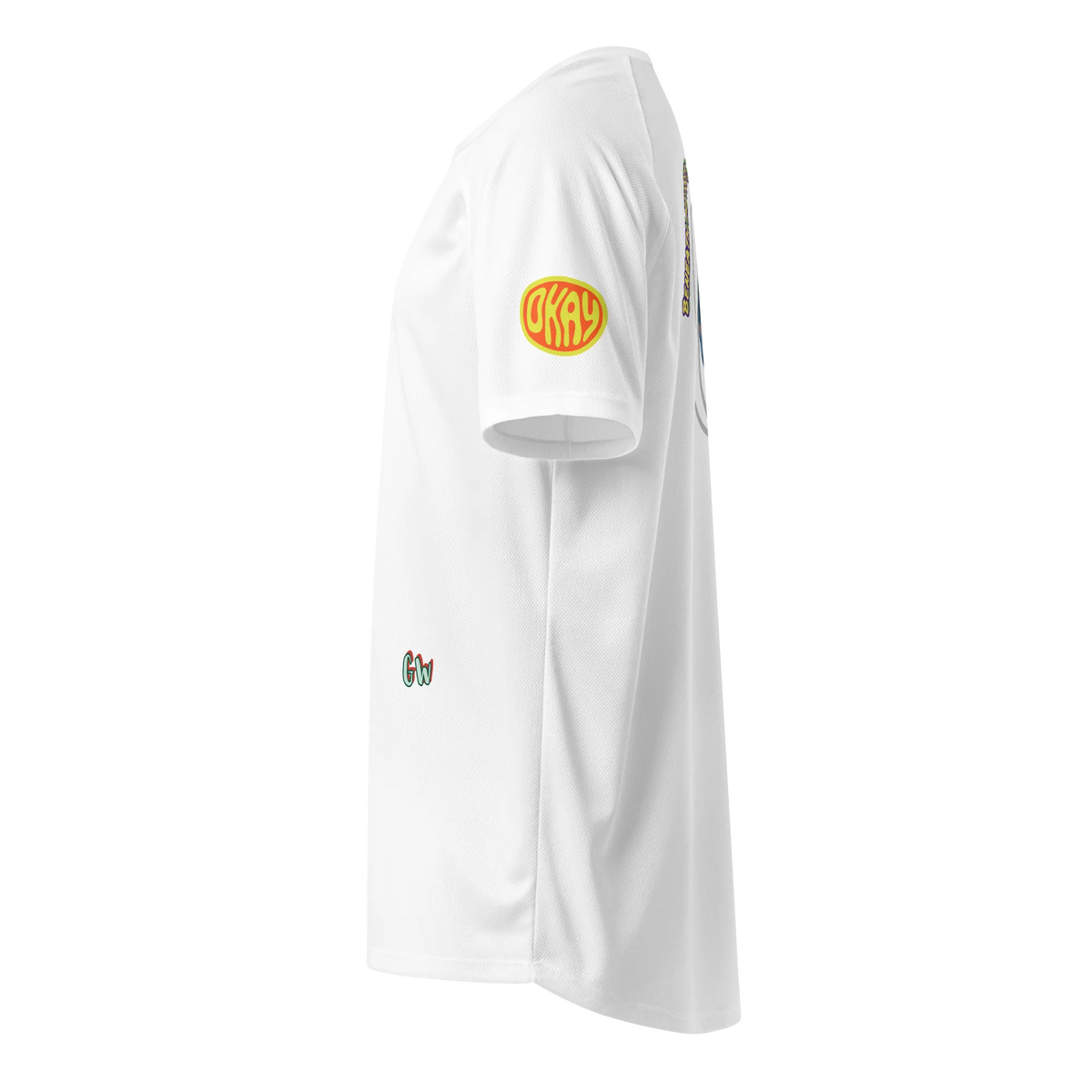 White sports jersey side view with red surf emblem on chest and small “Gw” logo