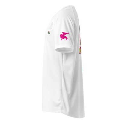 White unisex sports jersey, side view with “Gw” and pink horse on sleeve