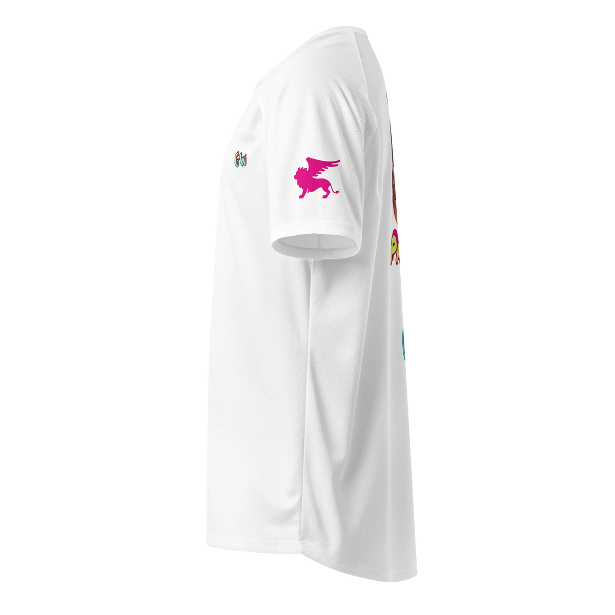 White unisex sports jersey, side view with “Gw” and pink horse on sleeve