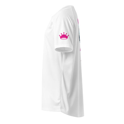White sports jersey T-shirt sleeve crown logo print