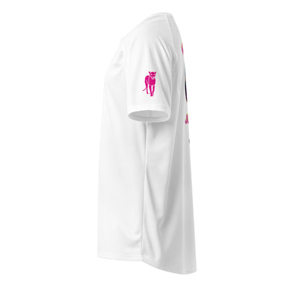 Unisex sports jersey, white, side view with pink mascot logo