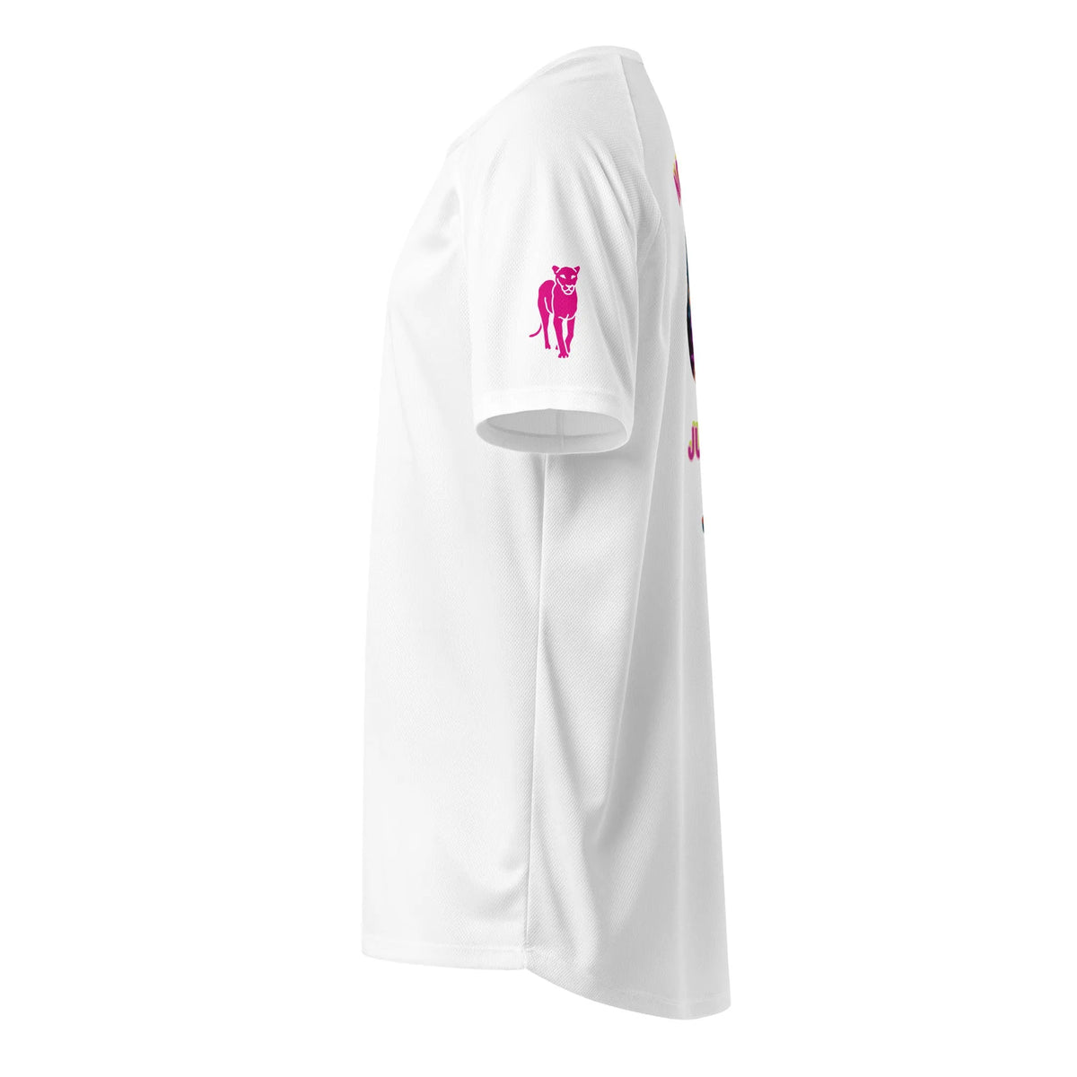 Unisex sports jersey, white, side view with pink mascot logo