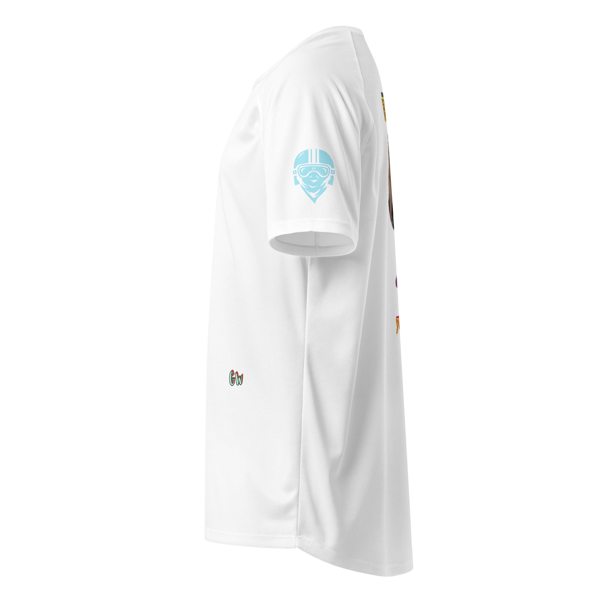 Scrambler#2 T-shirt (White) with light-blue helmet-face logo on sleeve