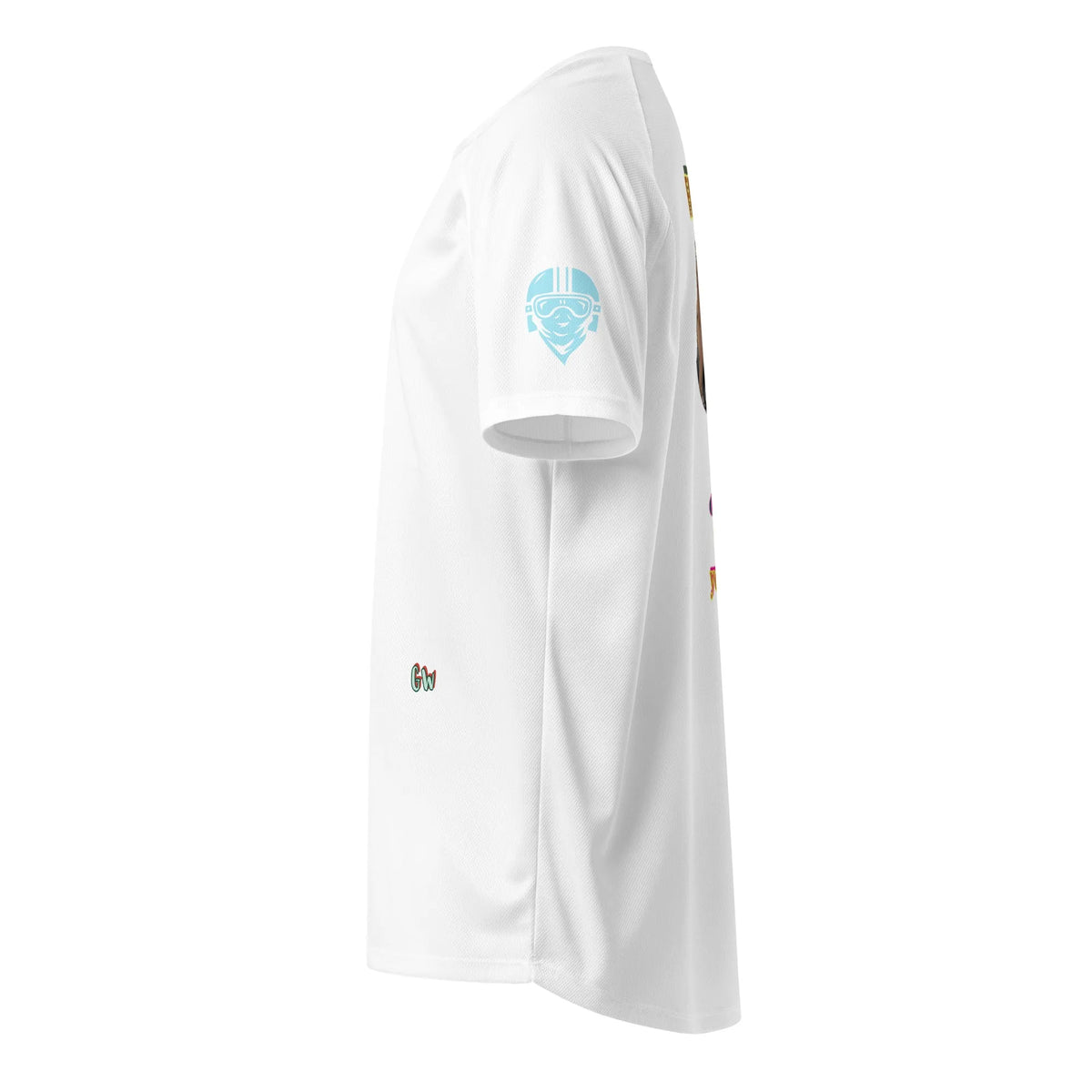 Scrambler#2 T-shirt (White) with light-blue helmet-face logo on sleeve
