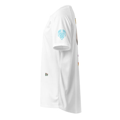 Scrambler#2 T-shirt (White) with light-blue helmet-face logo on sleeve