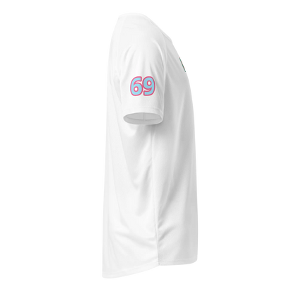 White unisex sports jersey, back sleeve print '69'