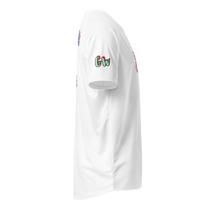 Unisex sports jersey, white sleeve side with colorful 'Gw' logo