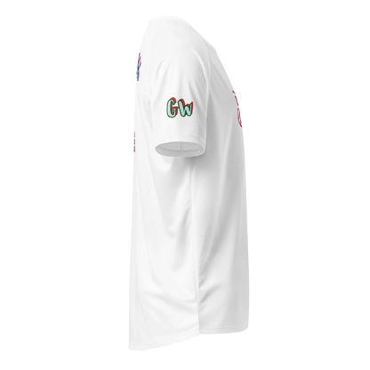 Unisex sports jersey, white sleeve side with colorful 'Gw' logo