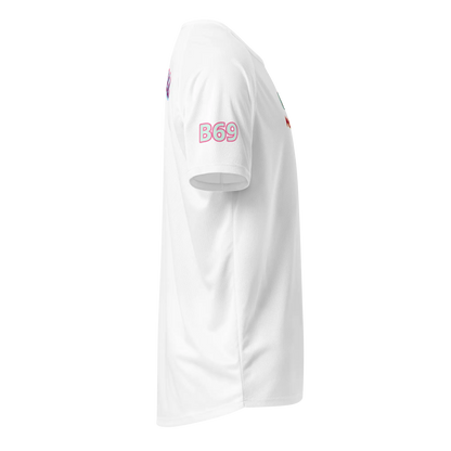 White unisex sports jersey sleeve with B69 patch