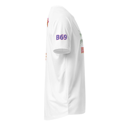 White unisex sports jersey side view, sleeve “B69” print