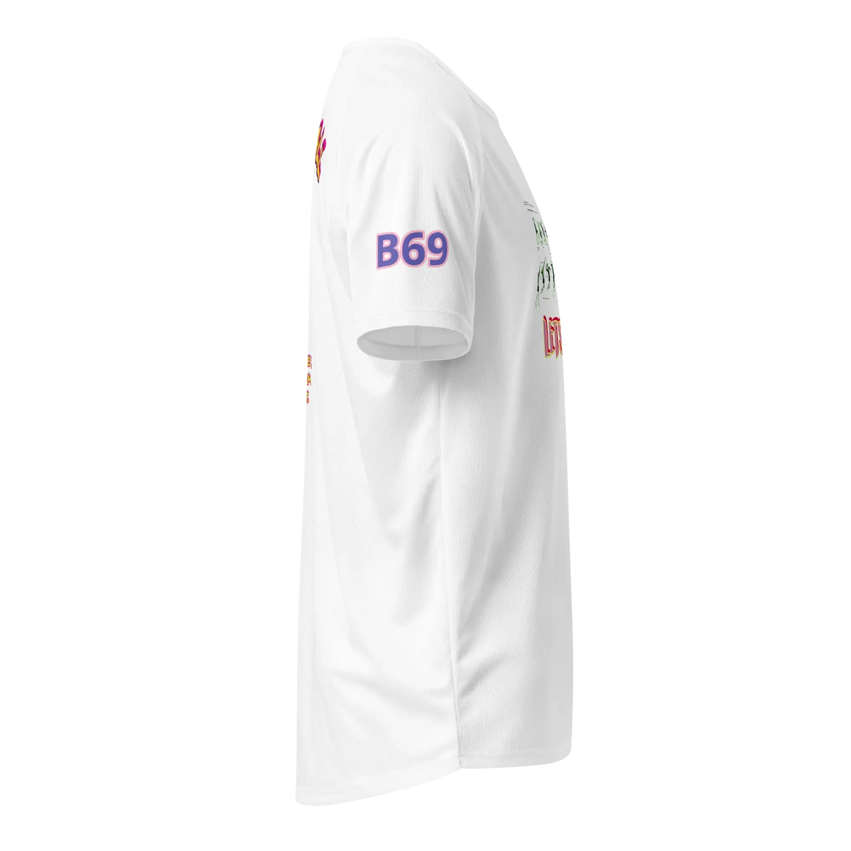 White unisex sports jersey side view, sleeve “B69” print