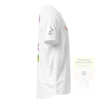 White unisex sports jersey, side view with athlete silhouette logo on sleeve
