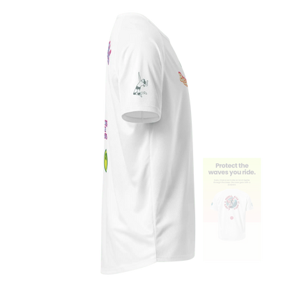 White unisex sports jersey, side view with athlete silhouette logo on sleeve