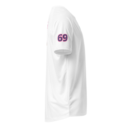 White sports jersey sleeve with number 69 logo, short sleeves