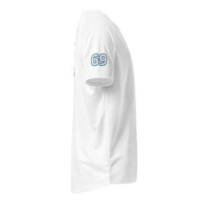 White sports jersey side sleeve with "69" number patch