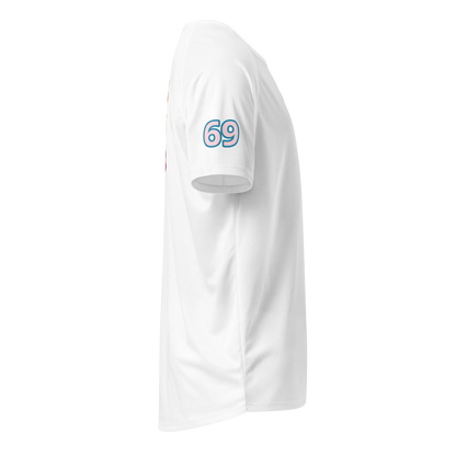 White sports jersey side sleeve with "69" number patch
