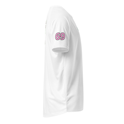 White unisex sports jersey, side view with "69" sleeve number print