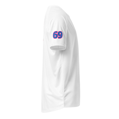 White sports jersey side view with blue-red "69" number on sleeve