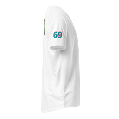 White sports jersey side view with 69 logo on sleeve